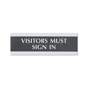 Century Series Office Sign, VISITORS MUST SIGN IN, 9 x 3, Black / Silver