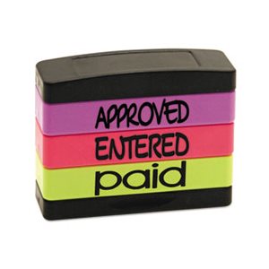 Stack Stamp, APPROVED, ENTERED, PAID, 1 13 / 16 x 5 / 8, Assorted Fluorescent Ink