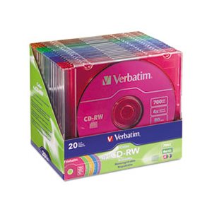 CD-RW Discs, 700MB / 80min, 4X, Slim Jewel Case, Assorted Colors, 20 / Pack