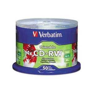 CD-RW Discs, Printable, 700MB / 80min, 4x, Spindle, Silver, 50 / Pack