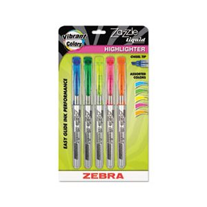 Zazzle Liquid Ink Highlighter, Chisel Tip, Asst Colors, 5 / Set