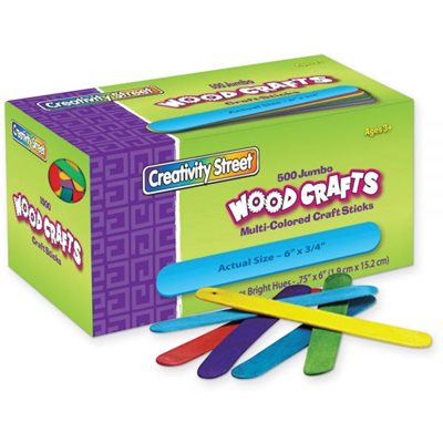 CRAFT STICKS, WOOD, COLORED, JUMBO, 6" x 3 / 4", Wood, Assorted, 500 / Box